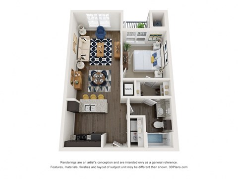 Floor plan for 1 bed, 1 bath, 666 sqft